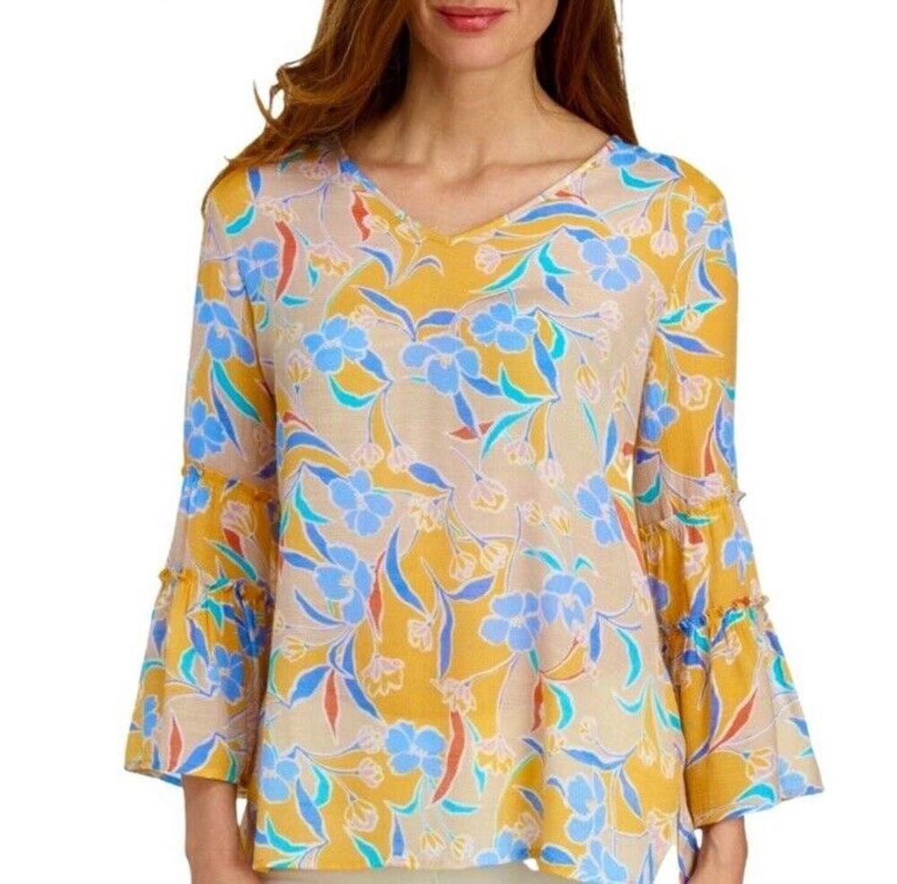 ZAC & RACHEL Top Womens Size M Floral Bell Sleeve Gauzy Blouse Tunic Boho Pastel